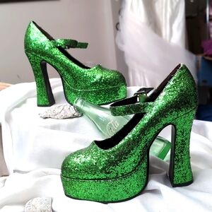 Green glittered Platform mary Jane.